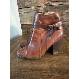 Frye Women's Patty Riding Cognac Tan Vintage Leather Ankle Boots Sz 10 Side Zip